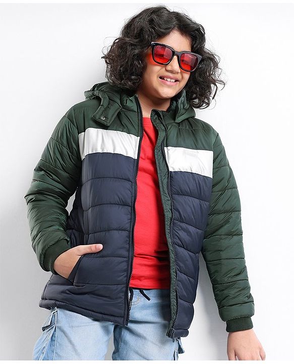 Pine Kids Full Sleeves Metallic Color Block Hooded Jacket for Moderate Winter - Multicolour