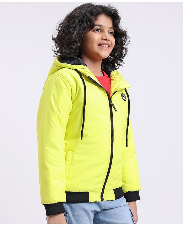 Pine Kids Full Sleeves Moderate Winter Solid Puffed Hooded Jacket - Neon Green