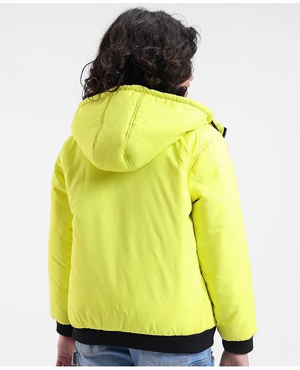 Pine Kids Full Sleeves Moderate Winter Solid Puffed Hooded Jacket - Neon Green