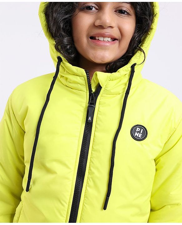 Pine Kids Full Sleeves Moderate Winter Solid Puffed Hooded Jacket - Neon Green