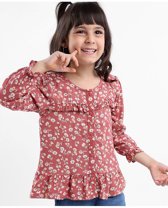 Babyhug Full Sleeves Rayon Top With Floral Print And Frill Detailing- Brown