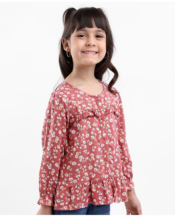 Babyhug Full Sleeves Rayon Top With Floral Print And Frill Detailing- Brown