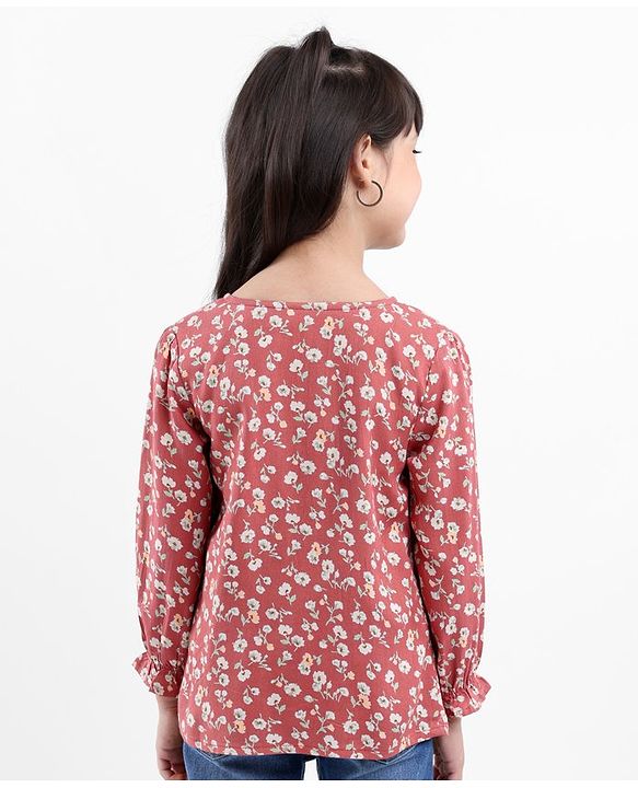 Babyhug Full Sleeves Rayon Top With Floral Print And Frill Detailing- Brown