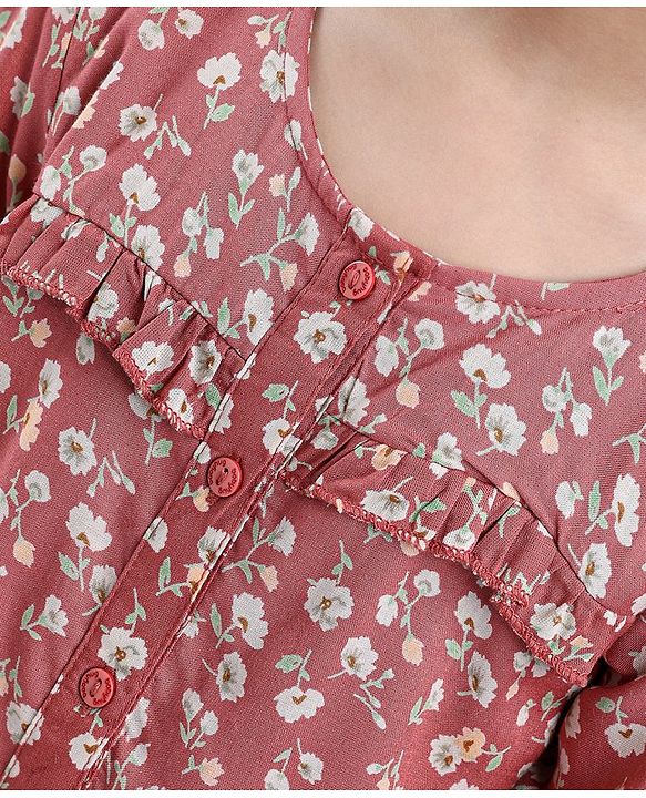 Babyhug Full Sleeves Rayon Top With Floral Print And Frill Detailing- Brown