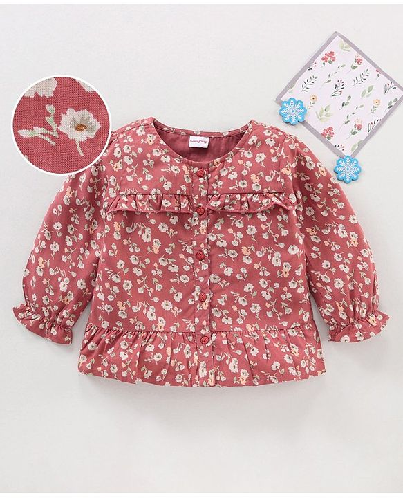 Babyhug Full Sleeves Rayon Top With Floral Print And Frill Detailing- Brown
