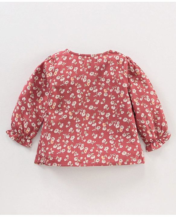 Babyhug Full Sleeves Rayon Top With Floral Print And Frill Detailing- Brown