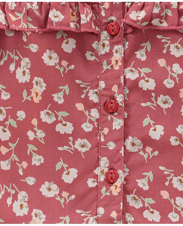 Babyhug Full Sleeves Rayon Top With Floral Print And Frill Detailing- Brown