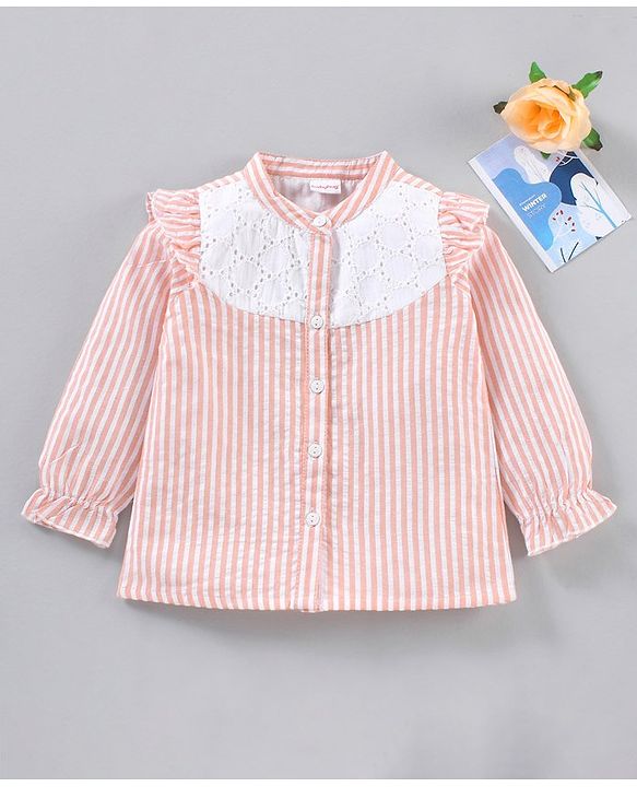 Babyhug Full Sleeves Seer-Sucker Striped Poly-Cotton Top With Shiffli & Frill Detailing- Peach