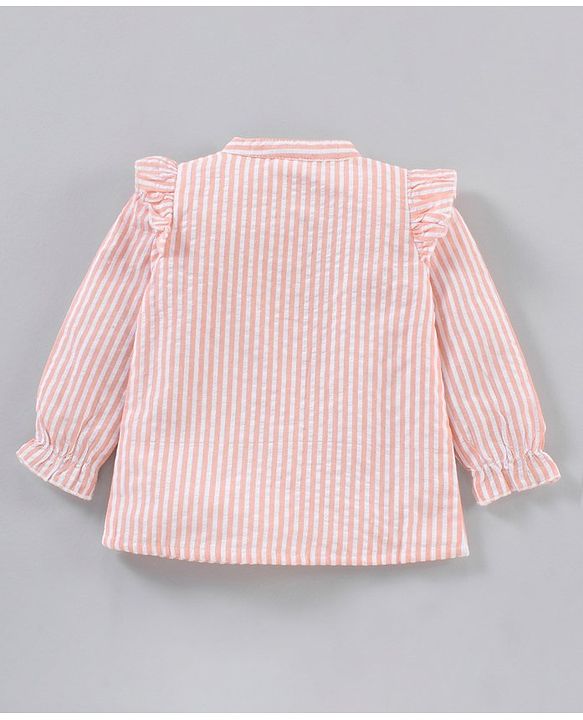 Babyhug Full Sleeves Seer-Sucker Striped Poly-Cotton Top With Shiffli & Frill Detailing- Peach
