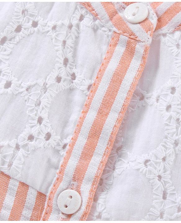 Babyhug Full Sleeves Seer-Sucker Striped Poly-Cotton Top With Shiffli & Frill Detailing- Peach