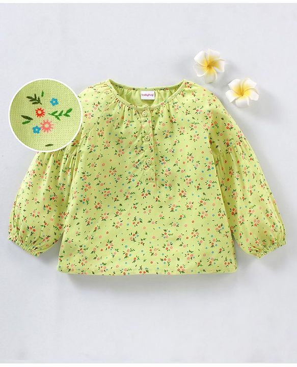 Babyhug Full Sleeves Rayon Top With Front Open & Floral Print - Green
