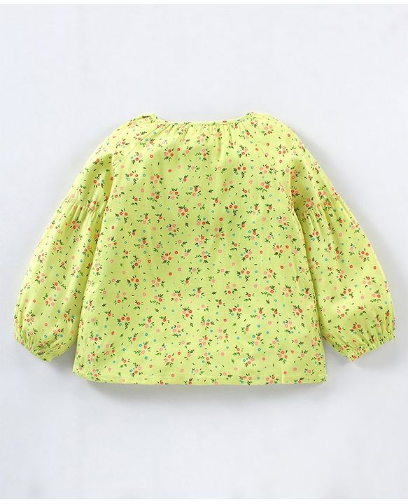 Babyhug Full Sleeves Rayon Top With Front Open & Floral Print - Green