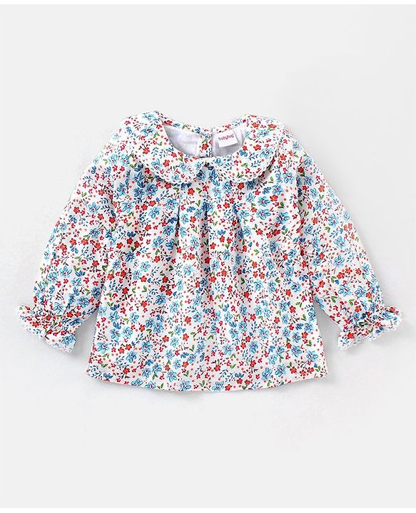 Babyhug Full Sleeves Rayon Top With Peter-Pan Collar & Floral Print- White