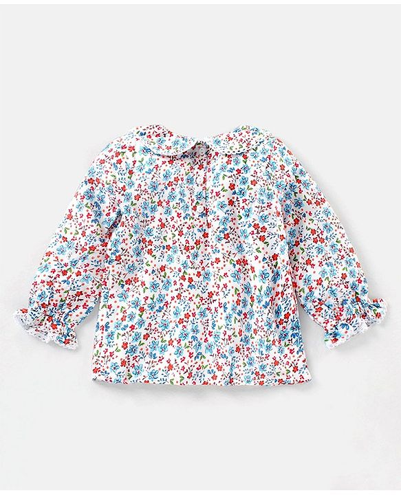 Babyhug Full Sleeves Rayon Top With Peter-Pan Collar & Floral Print- White