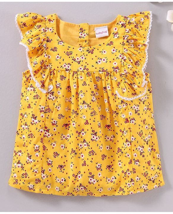 Babyhug Frill Sleeves Rayon Top With Floral Print & Embroidery Detailing- Mustard