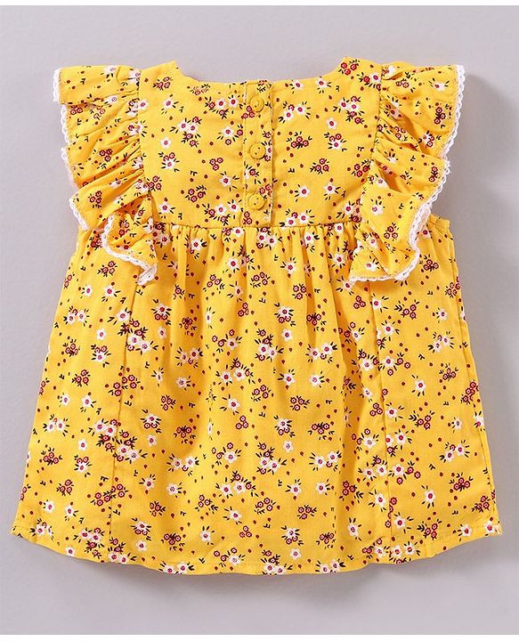 Babyhug Frill Sleeves Rayon Top With Floral Print & Embroidery Detailing- Mustard