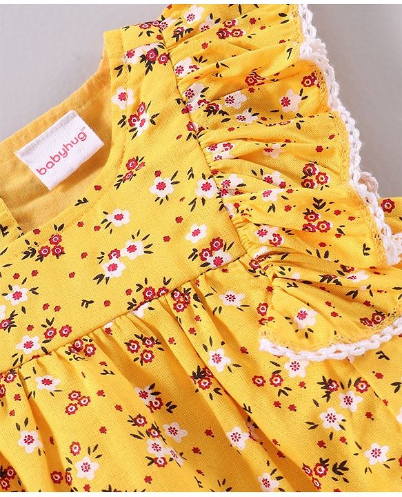 Babyhug Frill Sleeves Rayon Top With Floral Print & Embroidery Detailing- Mustard