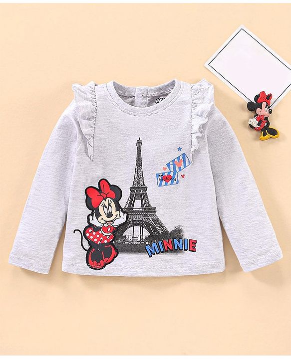 Babyhug Cotton Knit Full Sleeves Disney T-shirt with Minnie Mouse Applique & Frill Detailing- Ecru Melange