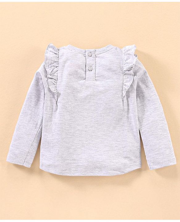 Babyhug Cotton Knit Full Sleeves Disney T-shirt with Minnie Mouse Applique & Frill Detailing- Ecru Melange