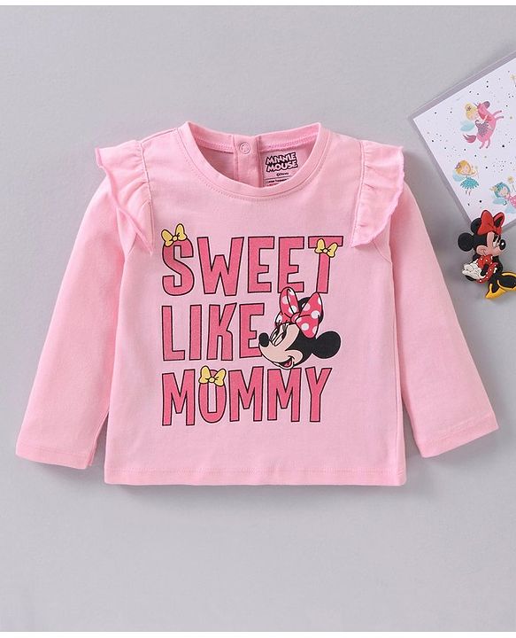 Babyhug Cotton Knit Full Sleeves Tee with Minnie and Text Print - Pink