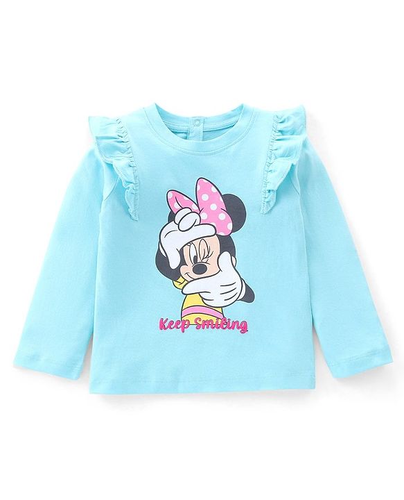 Babyhug 100% Cotton Knit Full Sleeves Tee with Frill Detailing Minnie Mouse Print - Light Blue