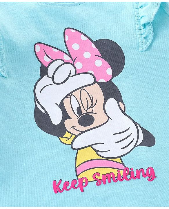 Babyhug 100% Cotton Knit Full Sleeves Tee with Frill Detailing Minnie Mouse Print - Light Blue