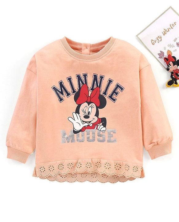 Babyhug Full Sleeves Cotton Knit MINNIE MOUSE Sweatshirt with Foil print & Schiffli Lace Detailing - Peach