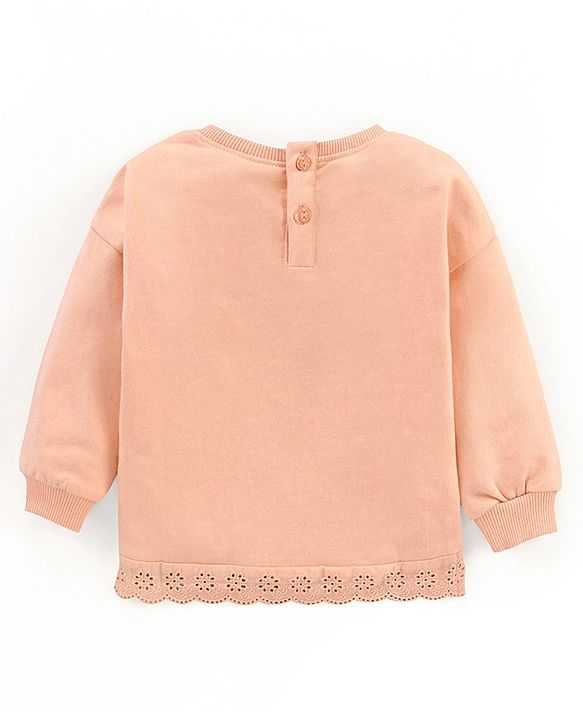 Babyhug Full Sleeves Cotton Knit MINNIE MOUSE Sweatshirt with Foil print & Schiffli Lace Detailing - Peach