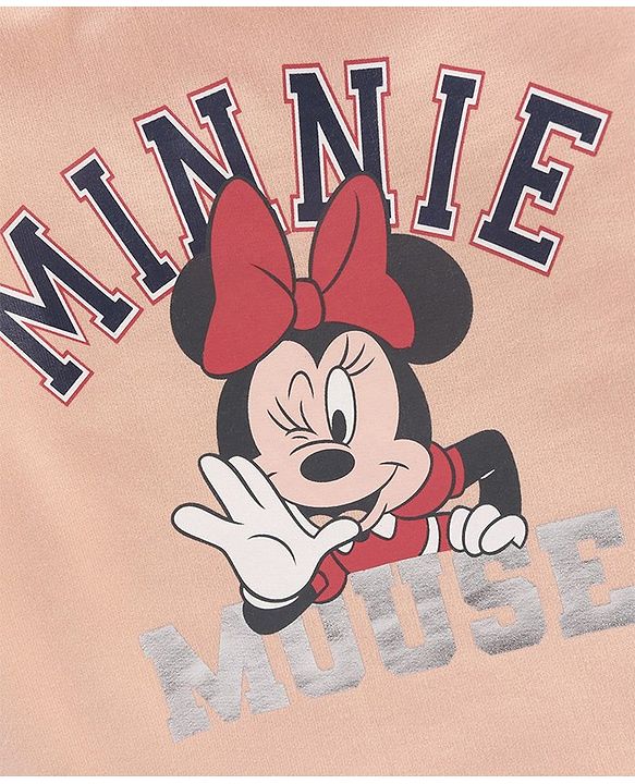Babyhug Full Sleeves Cotton Knit MINNIE MOUSE Sweatshirt with Foil print & Schiffli Lace Detailing - Peach
