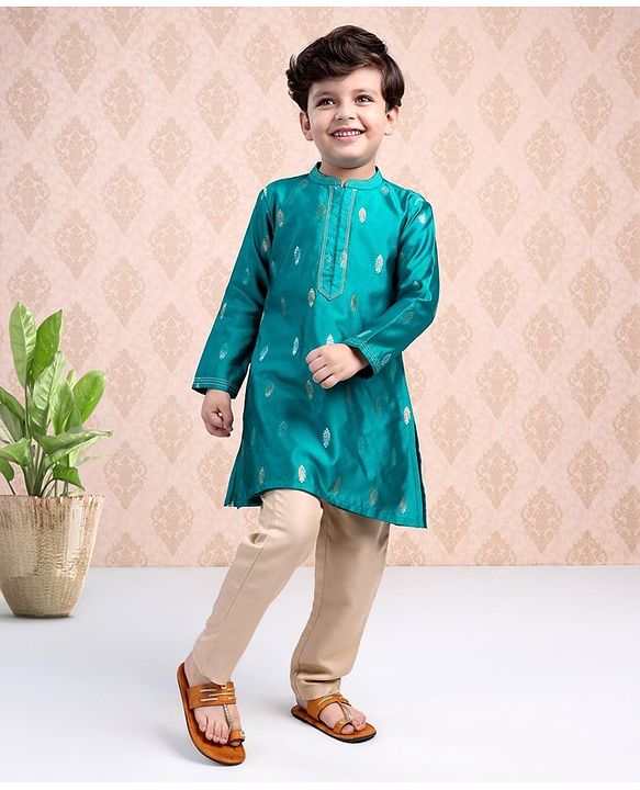 Babyhug Full Sleeves Brocade Kurta Pyjama Set Foil Print - Turquoise Cream