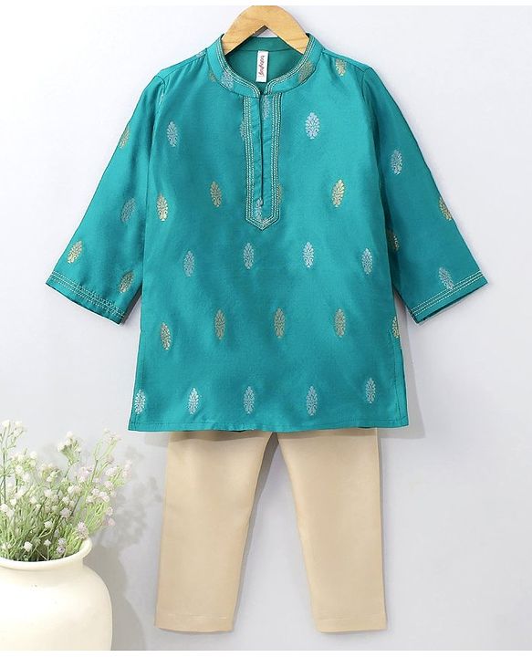 Babyhug Full Sleeves Brocade Kurta Pyjama Set Foil Print - Turquoise Cream