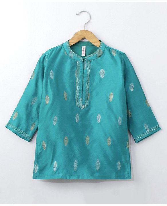 Babyhug Full Sleeves Brocade Kurta Pyjama Set Foil Print - Turquoise Cream