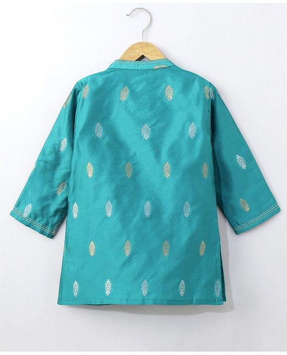 Babyhug Full Sleeves Brocade Kurta Pyjama Set Foil Print - Turquoise Cream