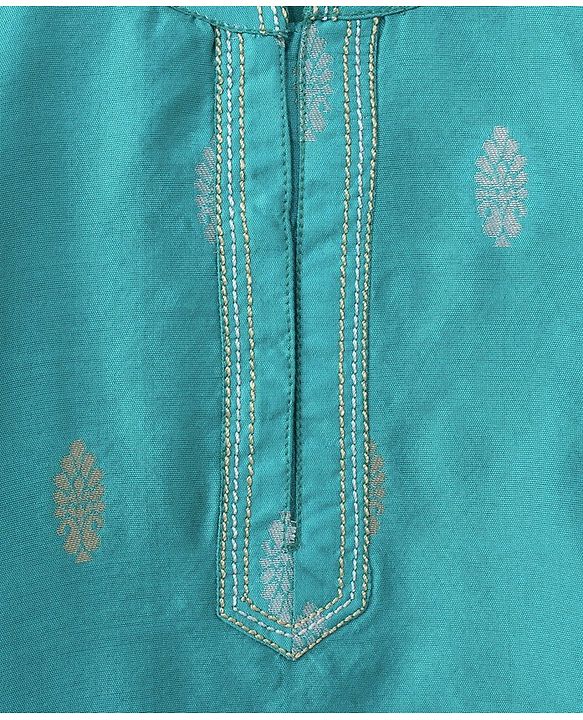 Babyhug Full Sleeves Brocade Kurta Pyjama Set Foil Print - Turquoise Cream