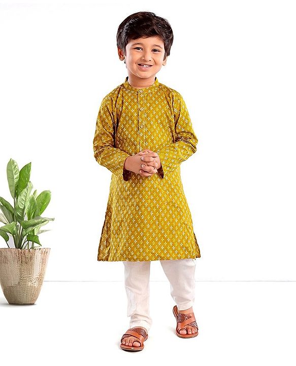 Babyhug Full Sleeves Printed Kurta Pyjama Set - Mustard