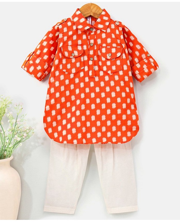 Babyhug Full Sleeves Kurta and Pyjama Set Block Print - Orange & Cream