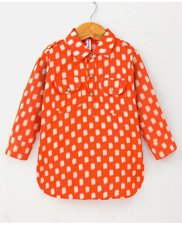 Babyhug Full Sleeves Kurta and Pyjama Set Block Print - Orange & Cream