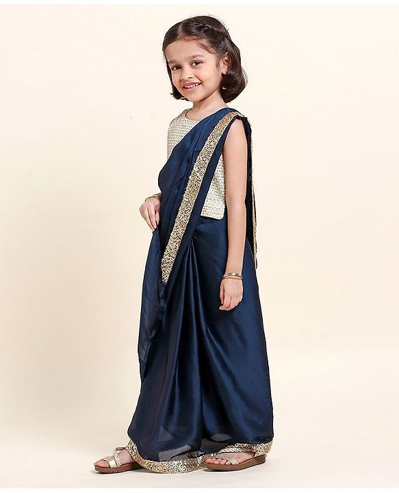 Babyhug Silk Sleeveles Sequenced Choli with Ready to Wear Saree- Navy