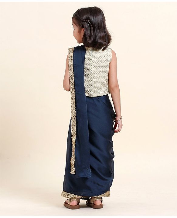 Babyhug Silk Sleeveles Sequenced Choli with Ready to Wear Saree- Navy
