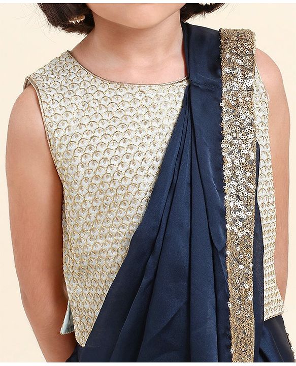 Babyhug Silk Sleeveles Sequenced Choli with Ready to Wear Saree- Navy