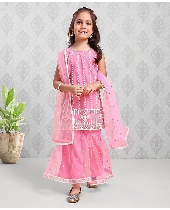 Babyhug Sleeveless Kurti & Sharara With Dupatta Embroidered - Pink
