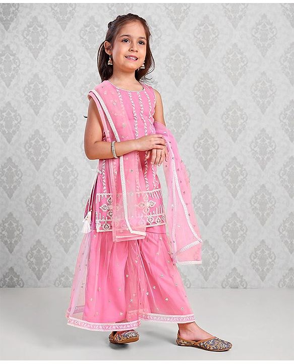 Babyhug Sleeveless Kurti & Sharara With Dupatta Embroidered - Pink