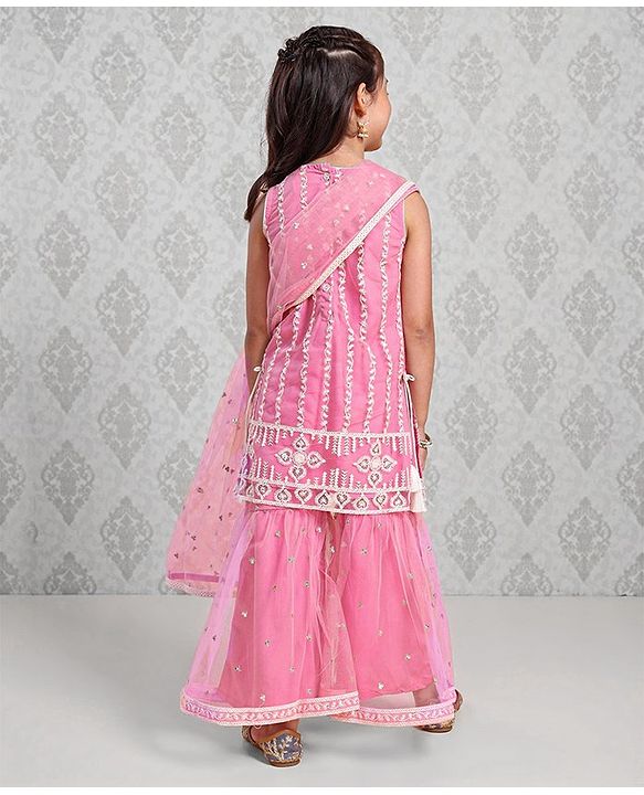 Babyhug Sleeveless Kurti & Sharara With Dupatta Embroidered - Pink