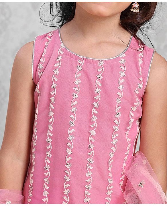 Babyhug Sleeveless Kurti & Sharara With Dupatta Embroidered - Pink