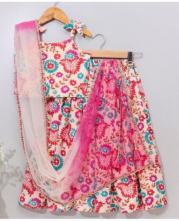 Babyhug Woven Sleeveless Choli & Lehenga With Dupatta Ethnic Print - Beige