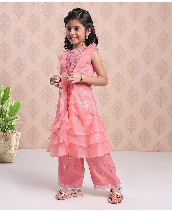 Babyhug Sleeveless Sequinned Kurti With Attached Jacket Style Duptta & Sharara - Light Pink