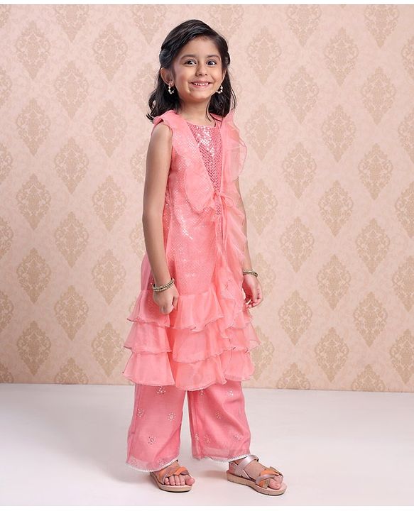 Babyhug Sleeveless Sequinned Kurti With Attached Jacket Style Duptta & Sharara - Light Pink