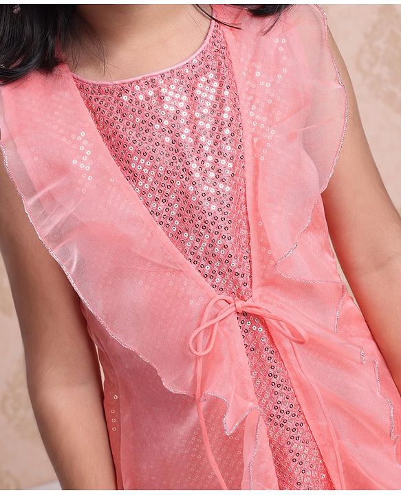 Babyhug Sleeveless Sequinned Kurti With Attached Jacket Style Duptta & Sharara - Light Pink