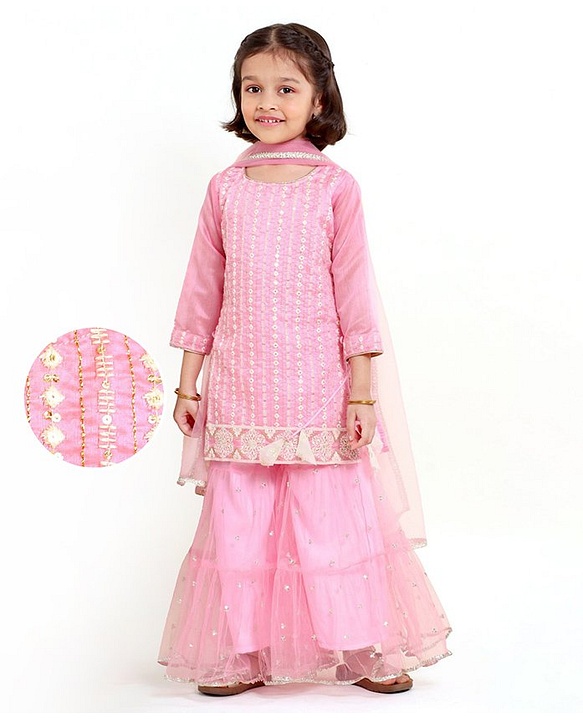 Babyhug Three Forth Sleeves Kurti & Sharara With Dupatta Sequin Embroidery - Candy Pink