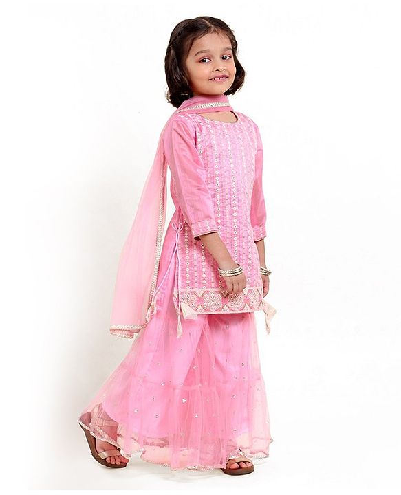 Babyhug Three Forth Sleeves Kurti & Sharara With Dupatta Sequin Embroidery - Candy Pink
